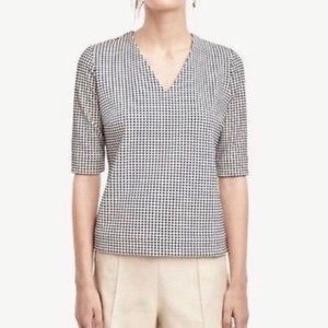 Ann Taylor Blue & White Gingham V-Neck Top